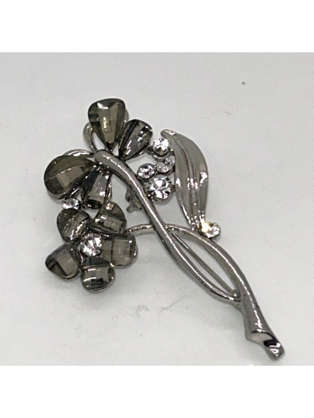 Vintage Silver Tone Flower Butterfly Brooch Pin Smoky Gray Clear Rhinestone